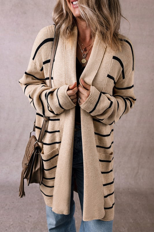 Zara Stripe Side Pockets Open Front Cardigan