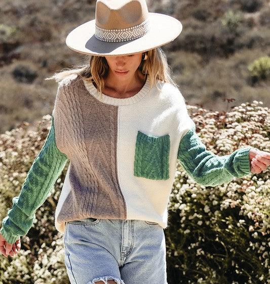 Shaylee Colorblock Patched Pocket Shoulder Sweater